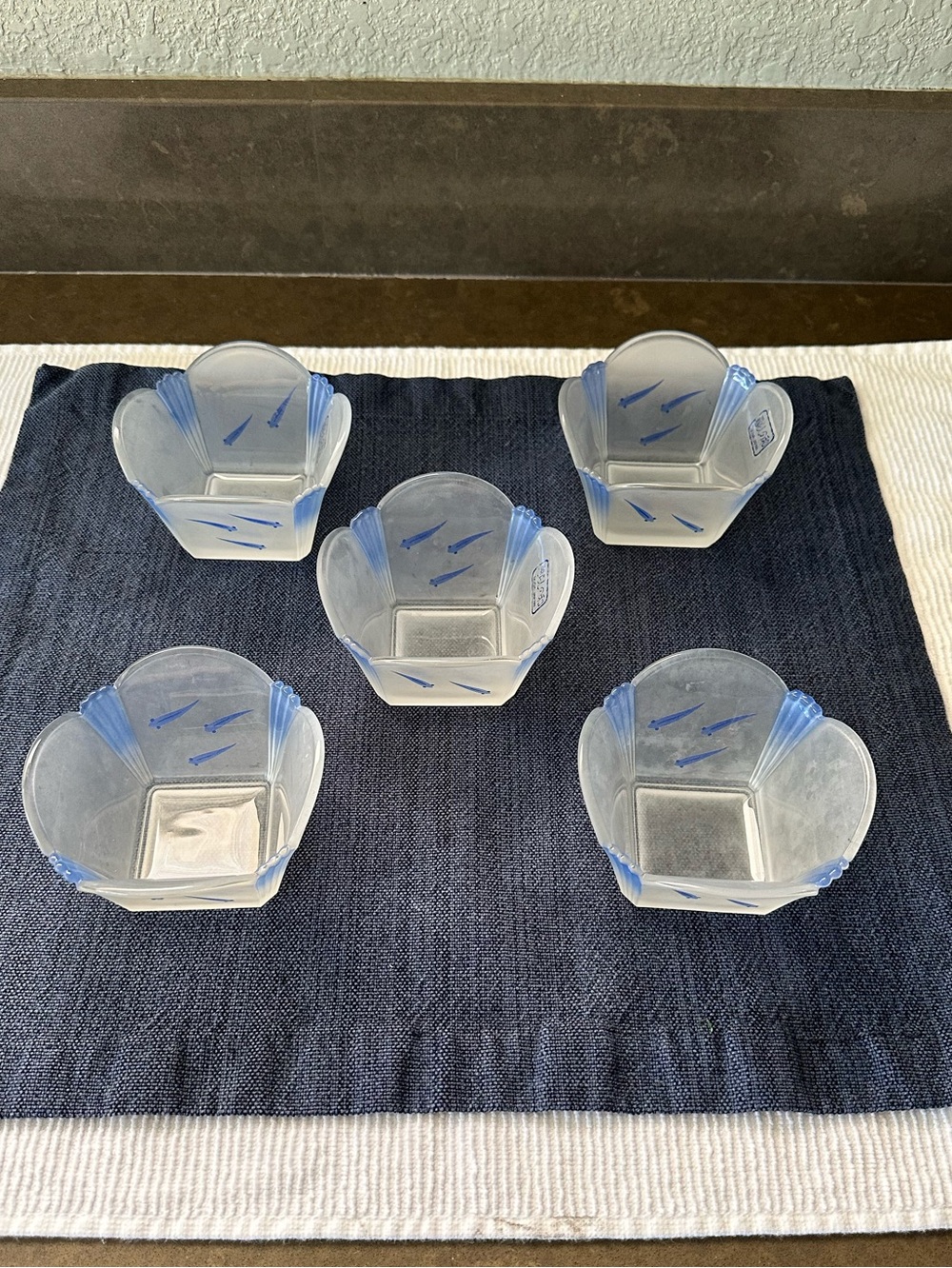 VTG Soga Glass Japan-Frosted Handkerchief Bowls w/ Blue Fish Accents-Set of 5